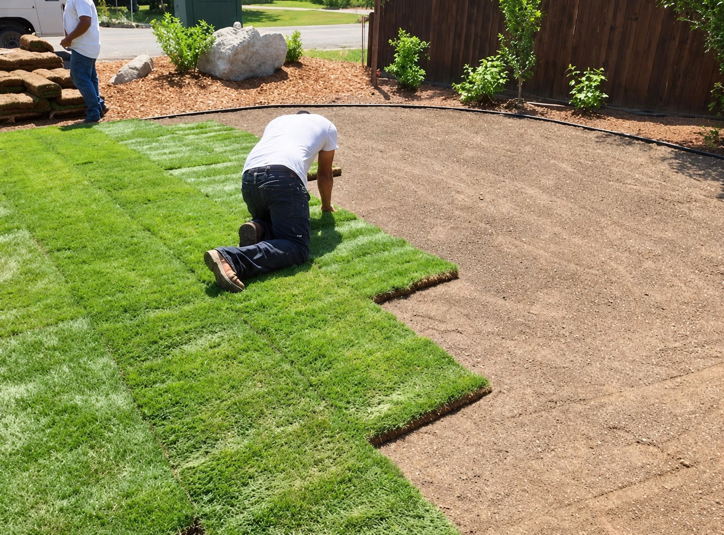 Instant lawn being laid on prepared garden soil