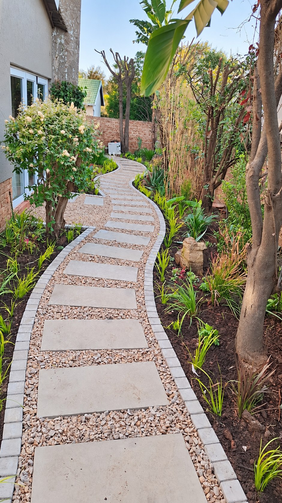 Curving garden path framed by lush planting